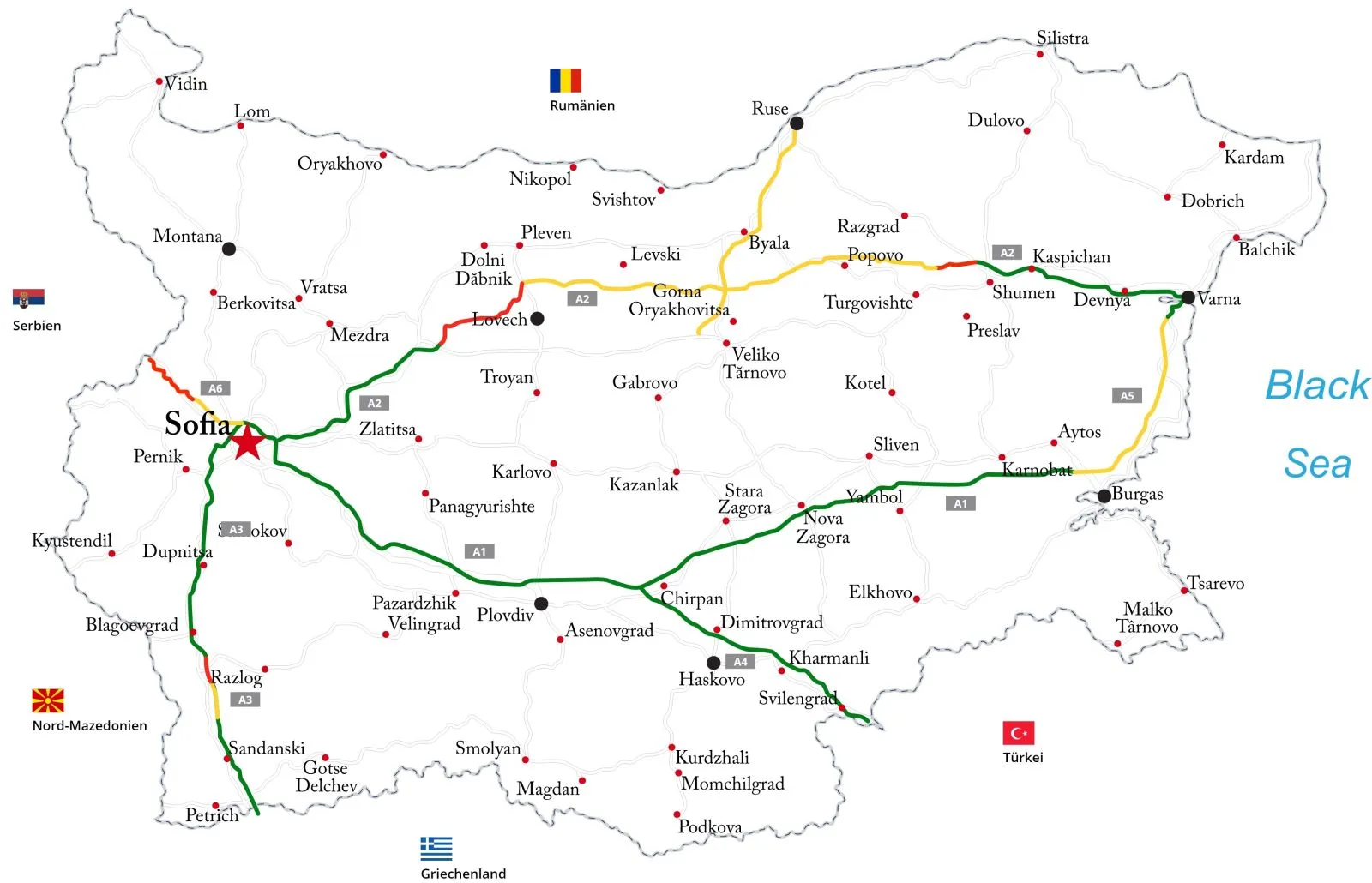 Aşağıdaki harita, Bulgaristan'daki otoyol ağının ülkenin büyük bir kısmına yayıldığını göstermektedir.