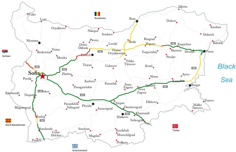 Ο παρακάτω χάρτης δείχνει ότι το δίκτυο αυτοκινητοδρόμων στη Βουλγαρία εκτείνεται σε μεγάλα τμήματα της χώρας.