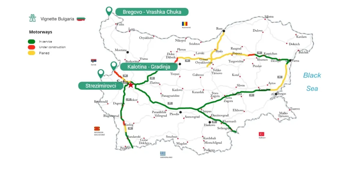 Λεπτομερής χάρτης των συνοριακών σημείων διέλευσης μεταξύ Βουλγαρίας και Σερβίας