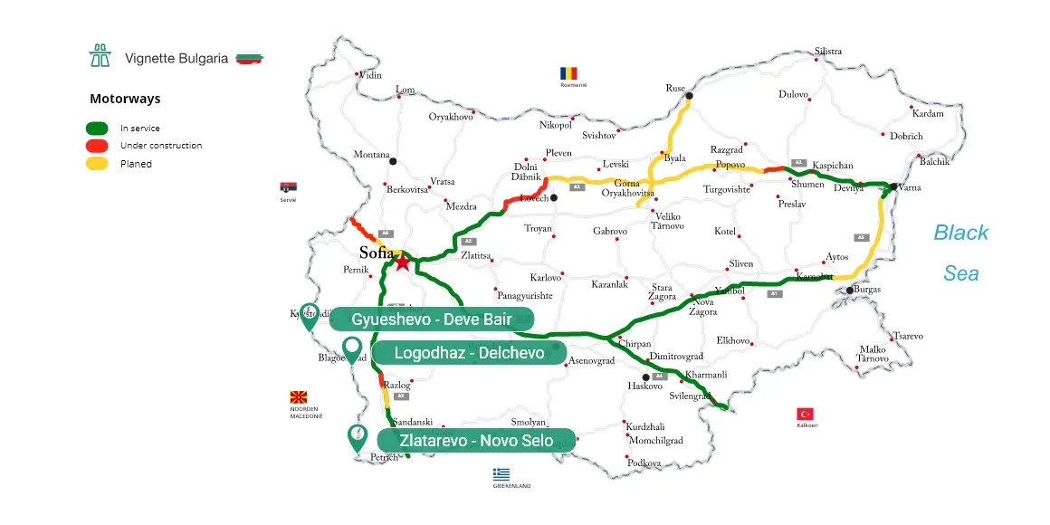 Detaillierte Karte der Grenzübergangspunkte zwischen Bulgarien und Nordmazedonien