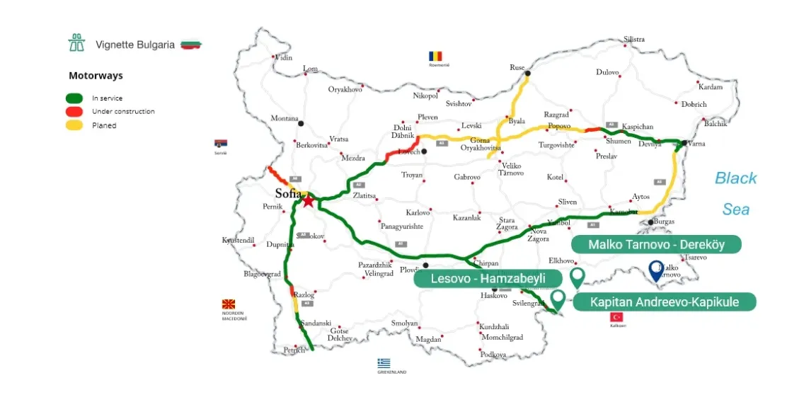 A Bulgária és Törökország közötti határátkelőhelyek részletes térképe