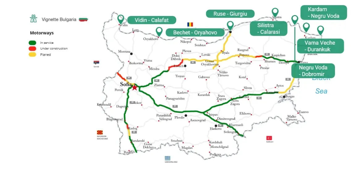 Podrobná mapa hraničných priechodov medzi Bulharskom a Rumunskom