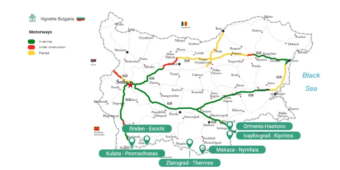 Szczegółowa mapa przejść granicznych między Bułgarią a Rumunią.
